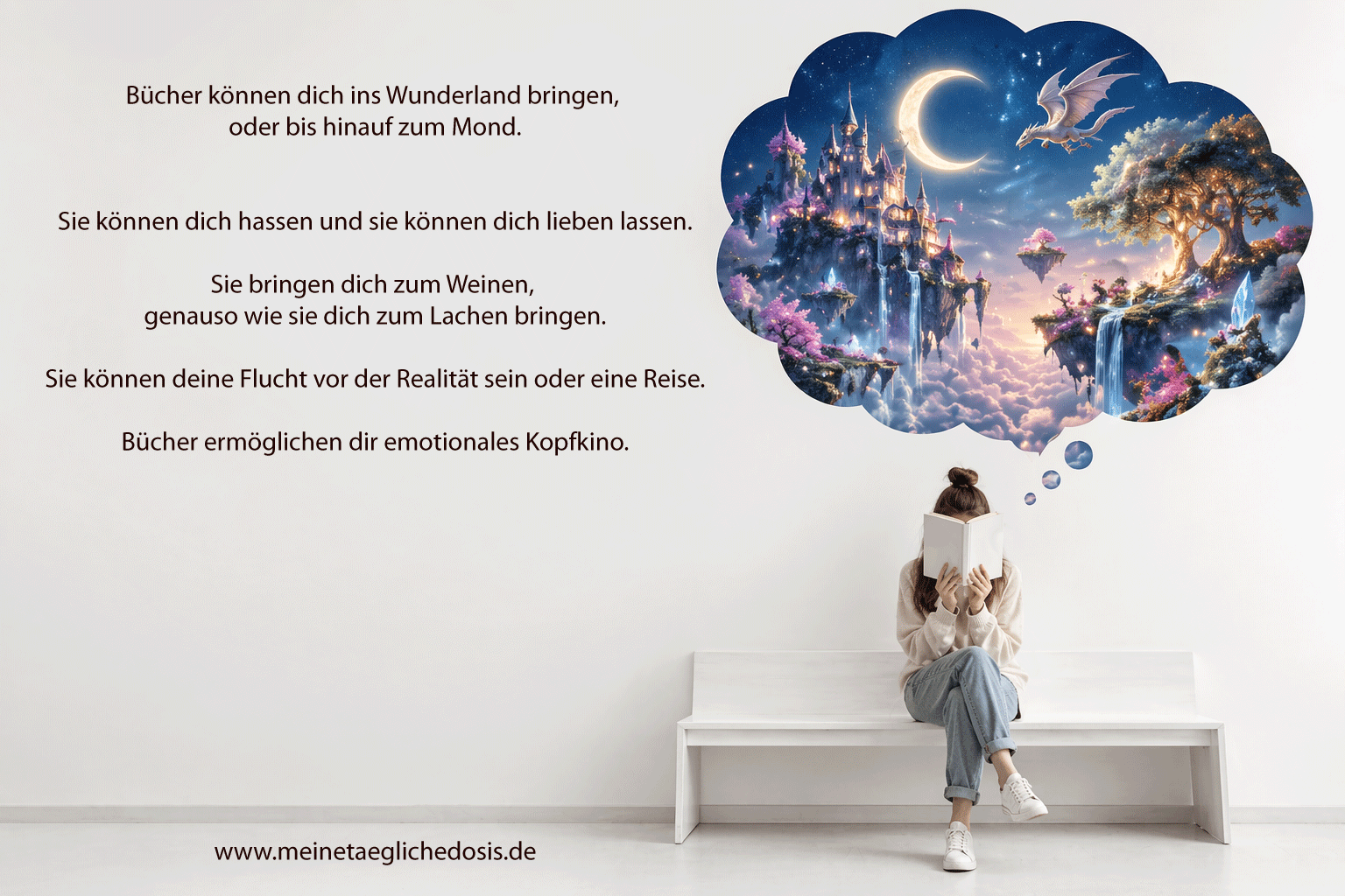 Lesen weckt Emotionen Lesen weckt Fantasie Frau mit Buch und Gedankenwolke Spruch übers Lesen