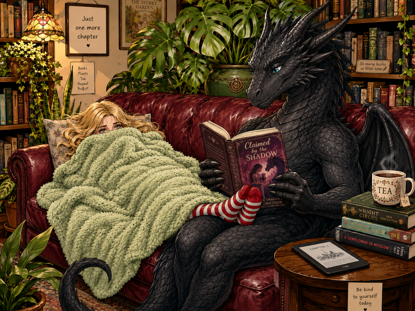 Hektor liest Ka vor Ka im Krankenstand Bücherregal Monstera
