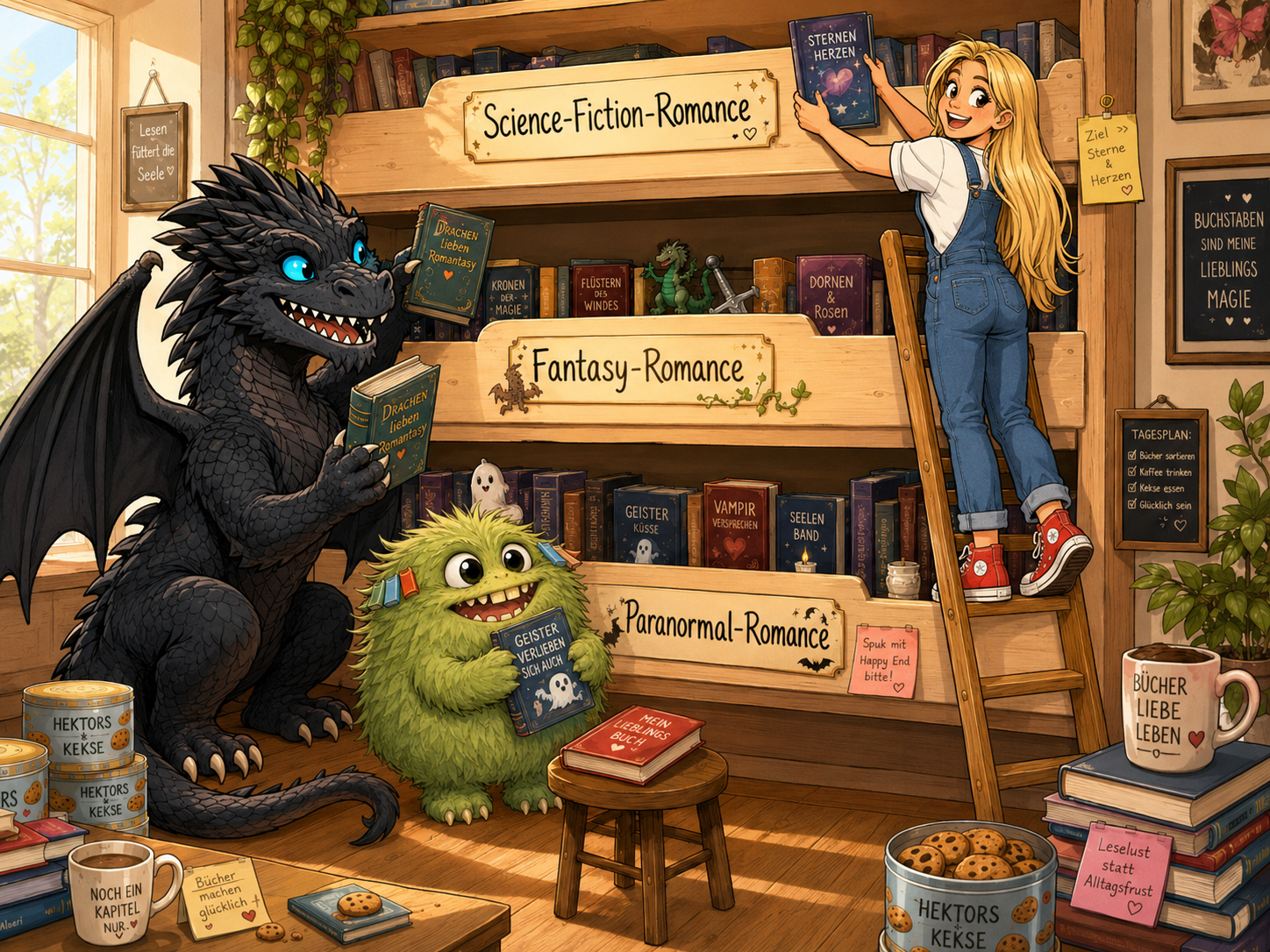 SUBsi-Lou Bücherdrache Hektor Ka Meine tägliche Dosis Genre-Dschungel wird sortiert Bücherregal