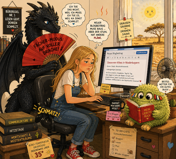 Bild von Hektor, der Ka Luft zuwedelt, Ka klebt vor Hitze am Bürostuhl fest, während SUBsi-Lou in ihrem Lieblingsbuch liest.