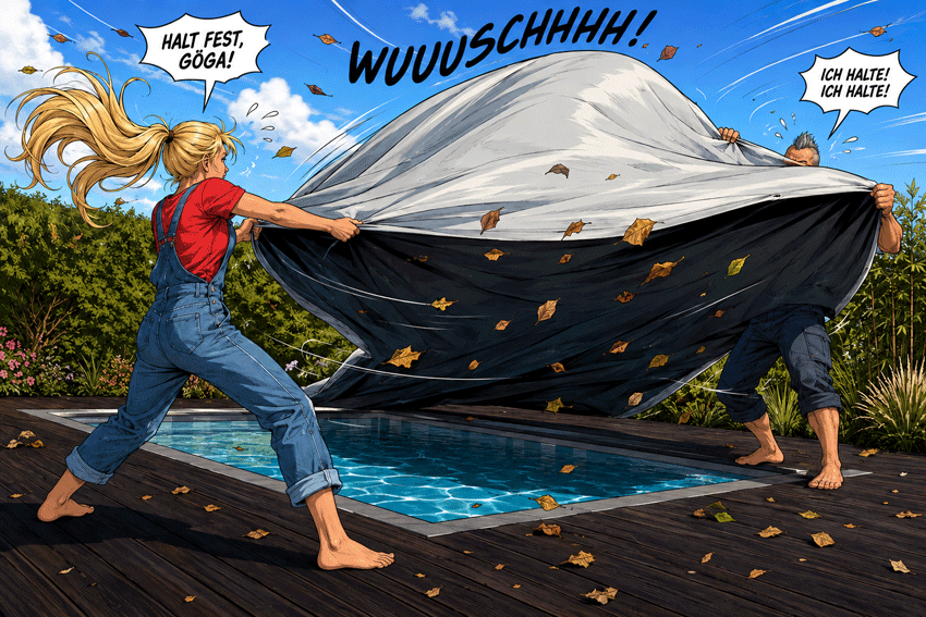 Ka und GöGa wintern den Pool ein und kämpfen mit der Abdeckplane
