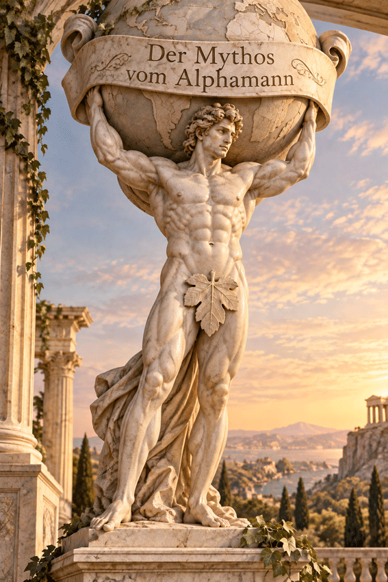Bild einer antiken Männerstatue die die Weltkugel trägt auf der Steht "Der Mythos vom Alphamann"