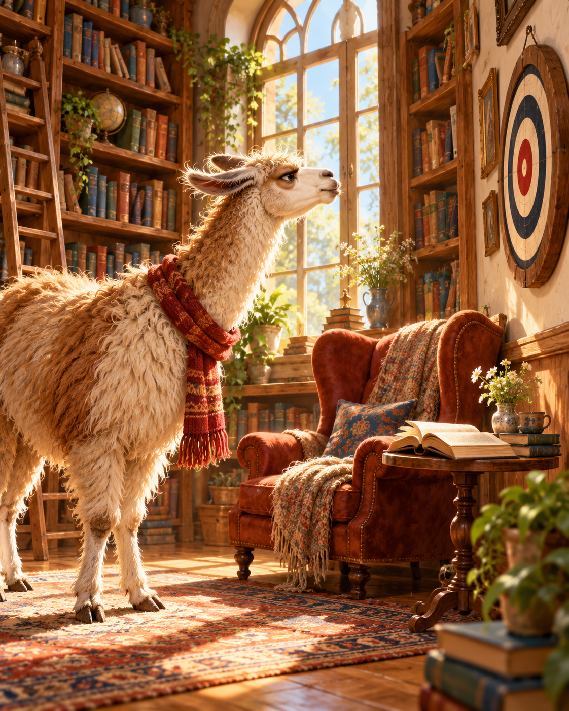Ein Lama steht in einer Bibliothek und zielt auf eine Zielscheibe